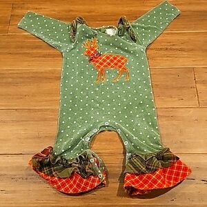 Ricrac & Ruffles plaid deer Romper size 12m